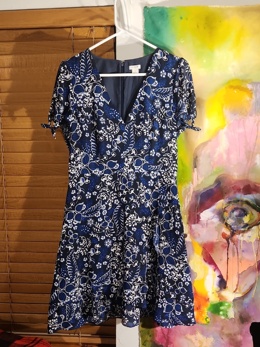 J Crew Floral Navy Blue V-Neck A-Line Dress